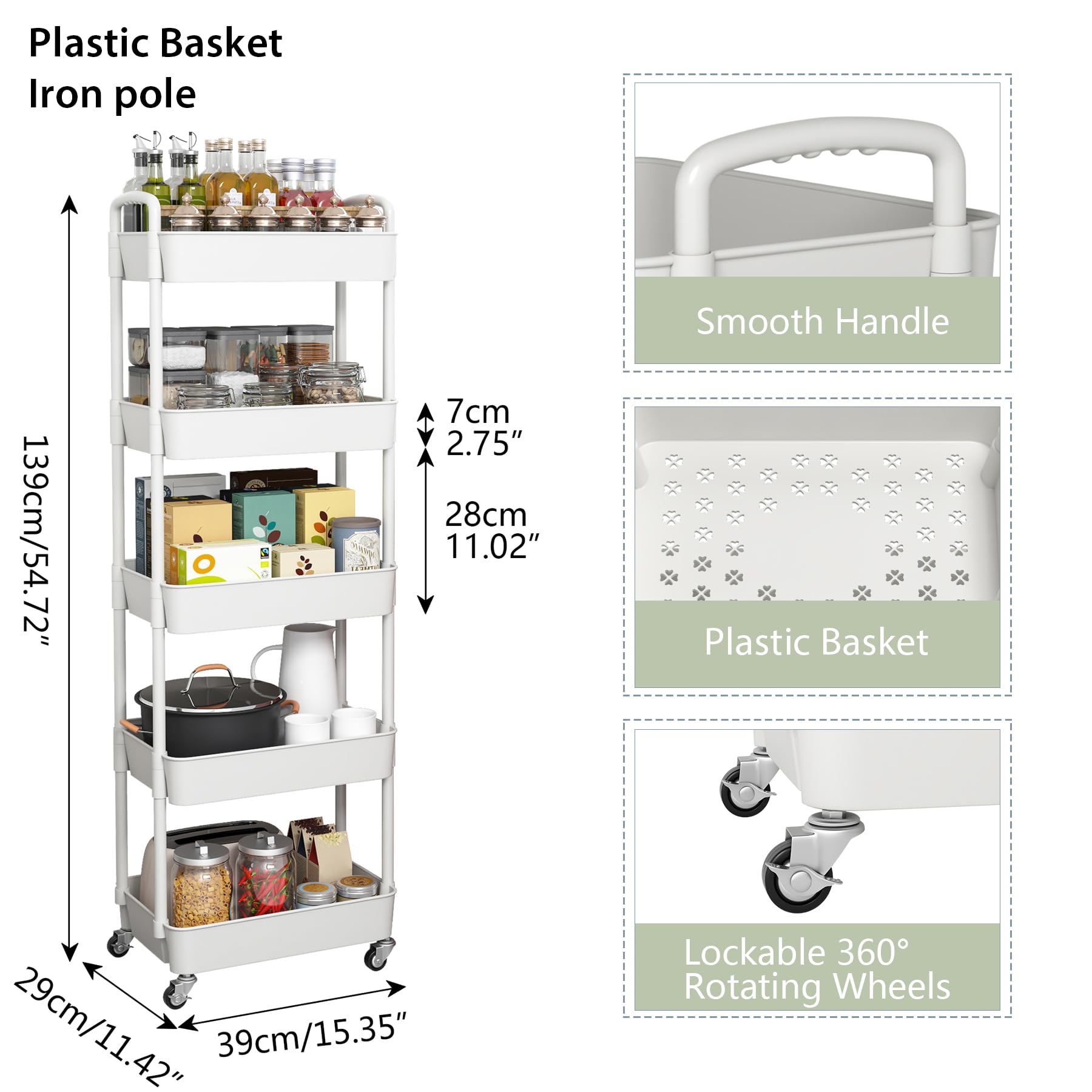 Sywhitta 5-Tier Plastic Rolling Utility Cart with Handle, Multi-Functional Storage Trolley for Office, Living Room, Kitchen
