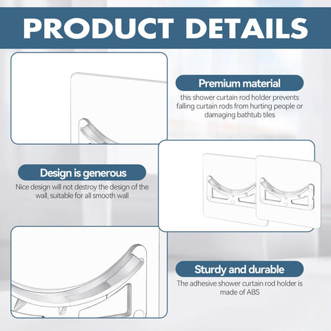 12PCS Adhesive Shower Curtain Rod Holder for Bathroom Walls, Self Adhesive Rod Holder for Shower Poles Extendable No Drill