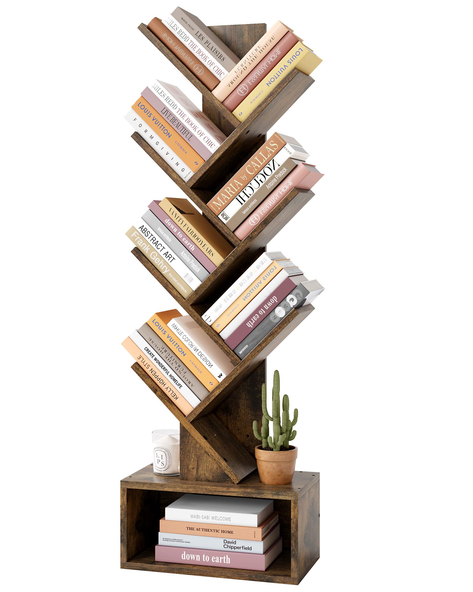 Hoctieon 6 Tier Tree Bookshelf, Tall Bookcase with Drawer, Freestanding Book Shelf, Display Floor Standing Storage Shelf
