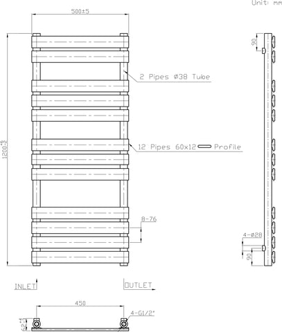 Warmehaus Flat Panel Heated Towel Rail Bathroom Radiator Chrome 1200x500mm
