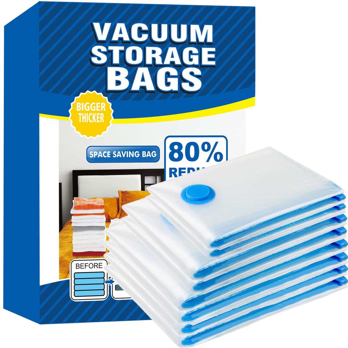 Vacuum Storage Bags - 8 Pack Reusable Strong Space Saver Compression Bags - Vacuum Pack Bags Double Zip Seal Travel Vacuum Storage Bags for Clothes