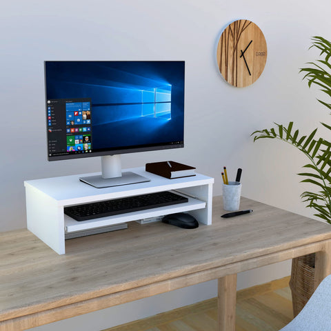 Henor Stand Monitor Riser Wooden Screen with Removable Tray 62 x 32 x 18 cm. Supports 50 kg. White.