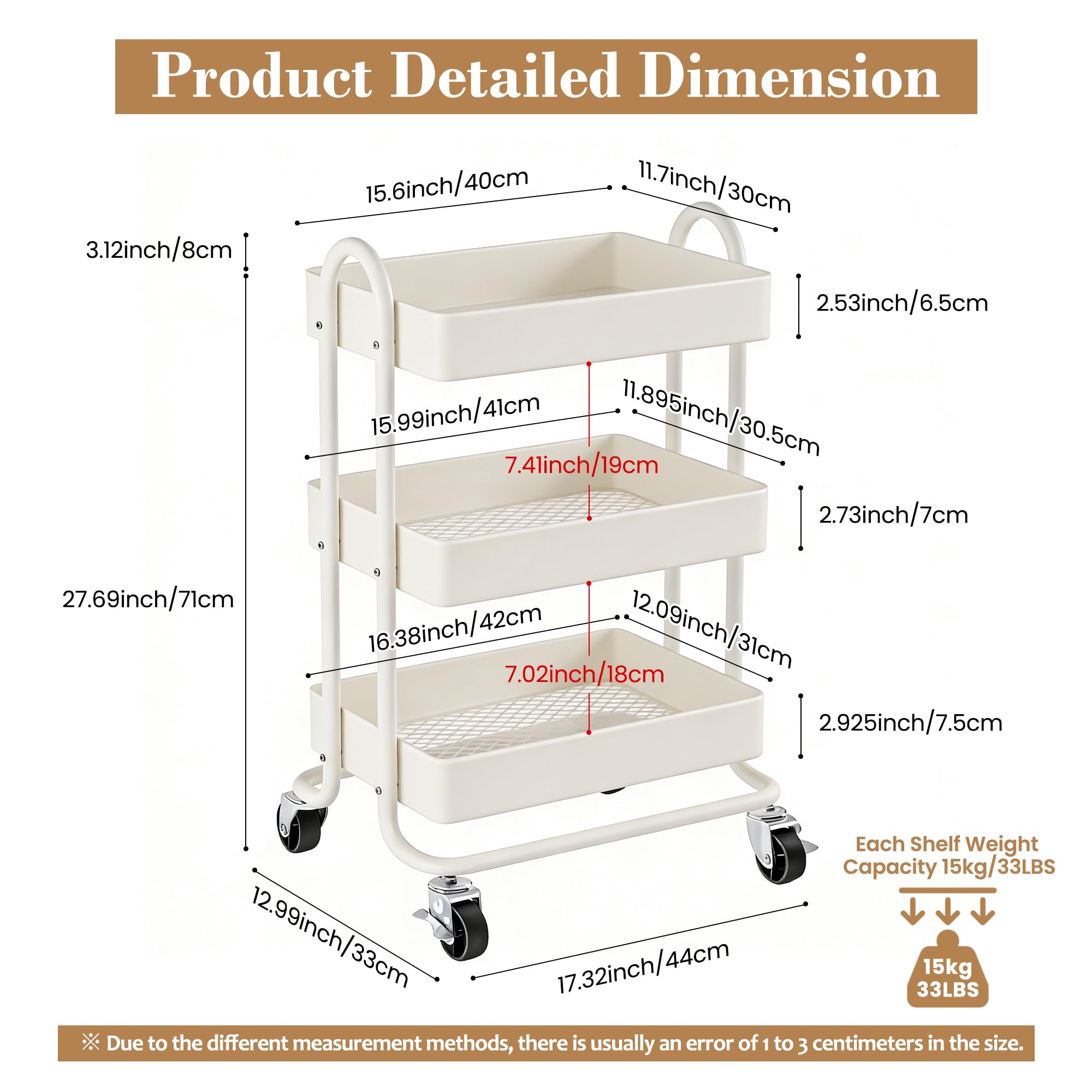 Mordchil EU 3 Tier Metal Utility Cart with Lockable Wheels for Storage, Rolling Utility Trolley Storage Cart for Home & Office, Cream