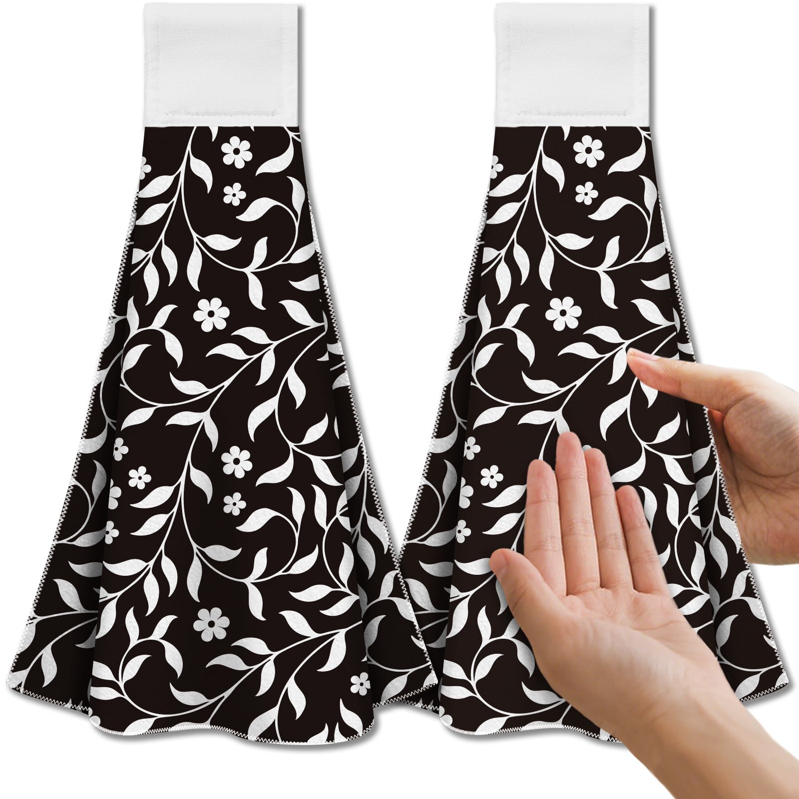 CUTHOLLOW 2 Pcs Black and White Flowers Hanging Kitchen Towels with Loop