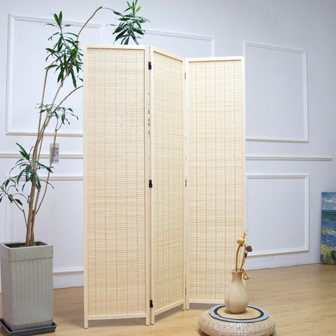 Furnnylane 3 Panel Bamboo Room Divider and Folding Panel Screen,Bamboo Panel Divider for Room Separation,Beige,170 cm H x 117 cm W