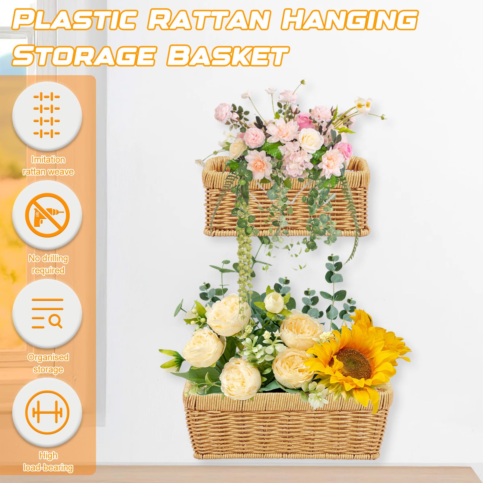 2 Pack Hanging Wall Baskets, Wicker Effect Plastic Rattan Woven Storage Baskets, Wall Mounted Organiser for Kitchen Onion Garlic
