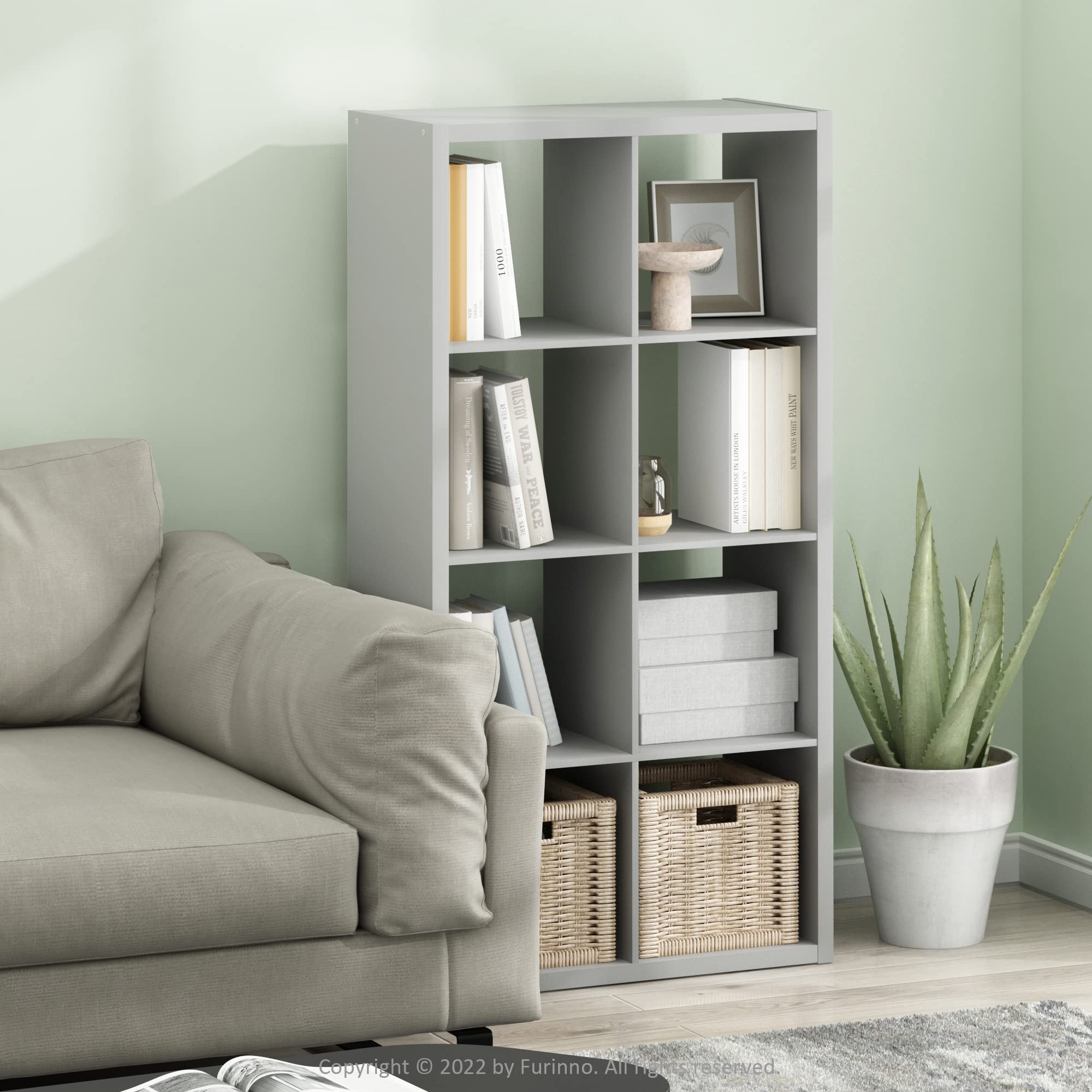 Furinno CUBICLE Book Shelf, 8-Cube Thick Frame Bookshelf, Horizontally & Vertically Reversible Bookcase with Open Back, 14.6 x 30 x 57.9