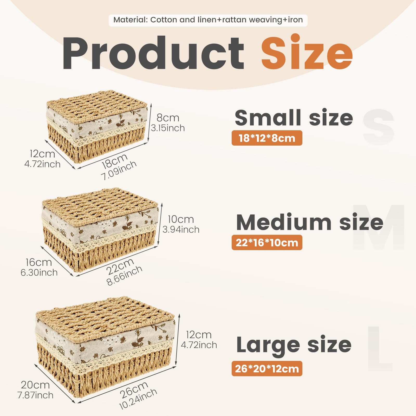 3Pcs Wicker Storage Basket with Lids Decorative Storage Boxes Handmade Wicker Hamper Box for Shelves Reusable Space-Saving Paper Rope Basket Bedroom