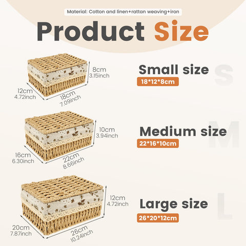 3Pcs Wicker Storage Basket with Lids Decorative Storage Boxes Handmade Wicker Hamper Box for Shelves Reusable Space-Saving Paper Rope Basket Bedroom