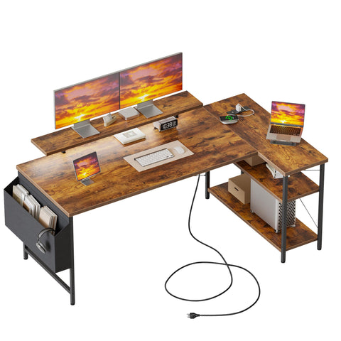 Mericonia Corner Desk, w. Monitorstand & Built-in Socket, 140x70cm, Brown