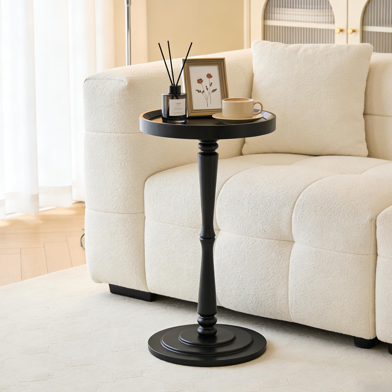 Simcat Round Side Table Bamboo Joint Design, Small Round Coffee Table for Small Spaces with Solid Wood Leg for Living Room, Bedroom, Corners