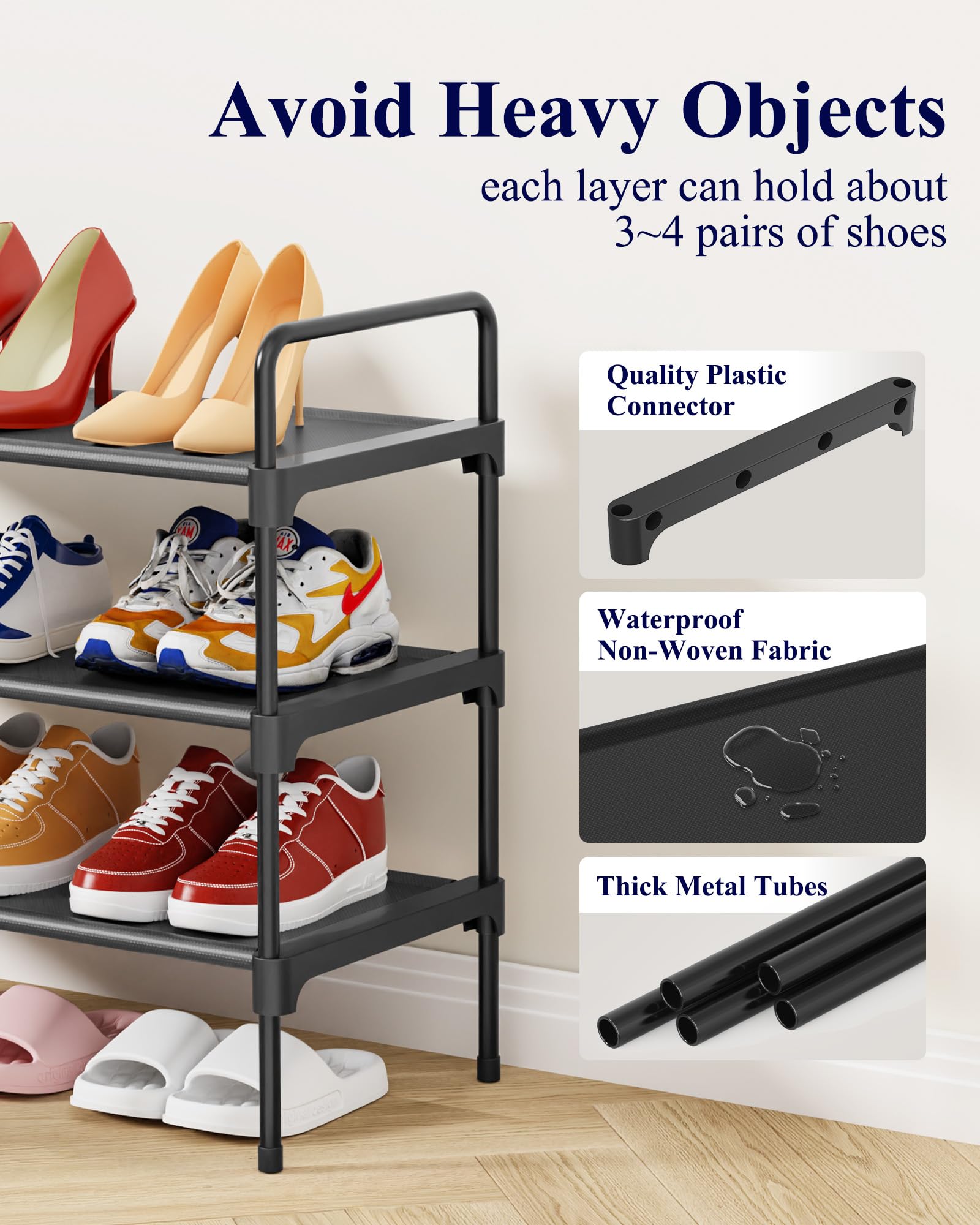 Kitsure Space-Saving Shoe Rack for Closet, 70.0 cm Wide - 3 Tiers, Black