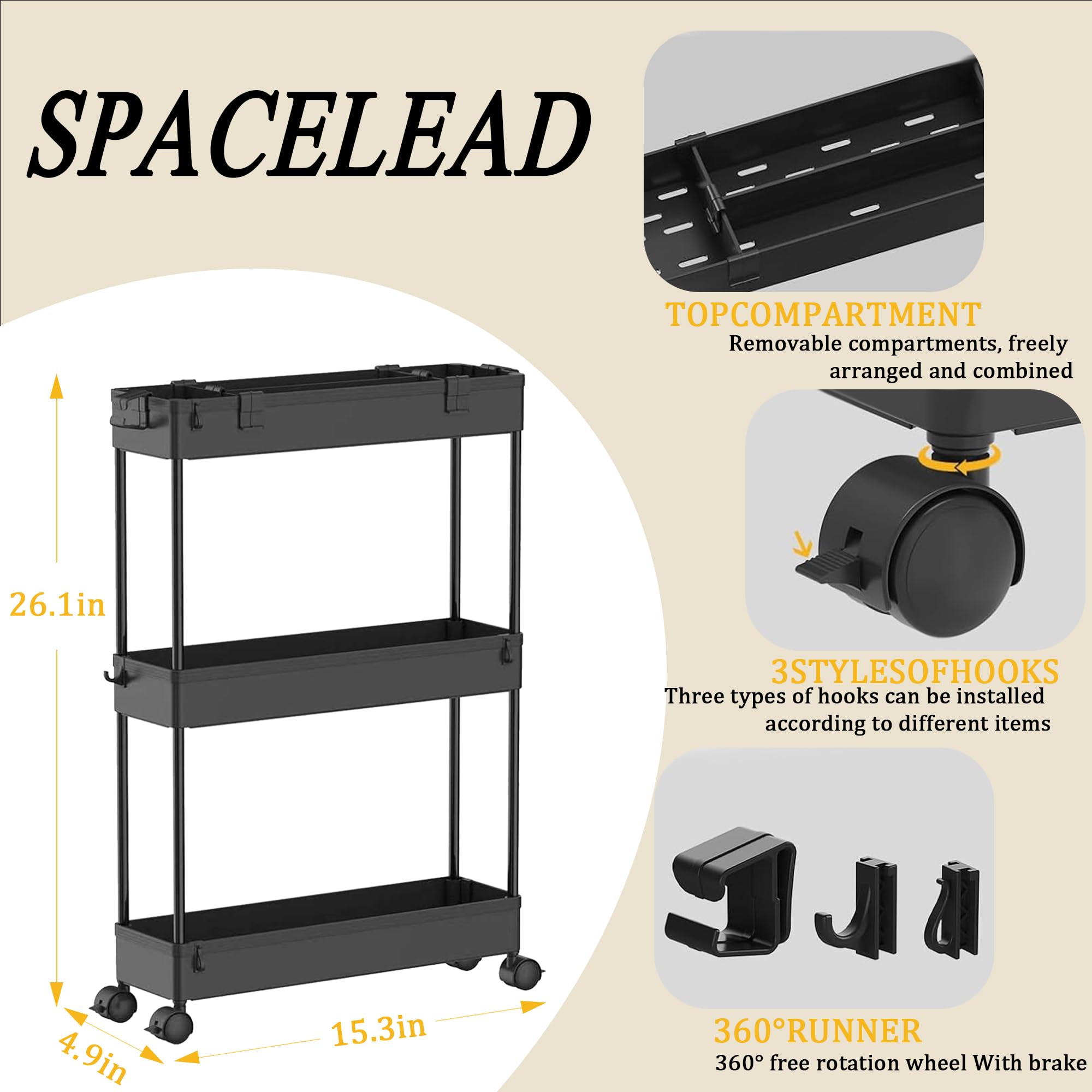 SPACELEAD Slim Storage Cart 3 Tier,Bathroom Organizer Rolling Utility,Mobile Shelving Unit Slide Out for Office, Kitchen