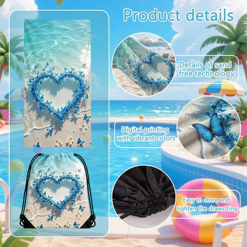 ZPSOSPZ Summer Holiday Beach Towel with Drawstring Bag, Sand Free Quick Dry Lightweight 160×80 Cm Butterfly Bath Towel for Women Girls,Gym Storage