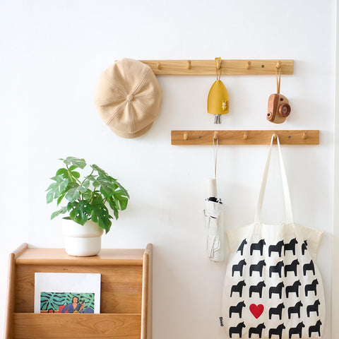 TREOAKWIS Coat Hooks Wall Mounted, 40cm Wooden Coat Rack with 4 Hooks
