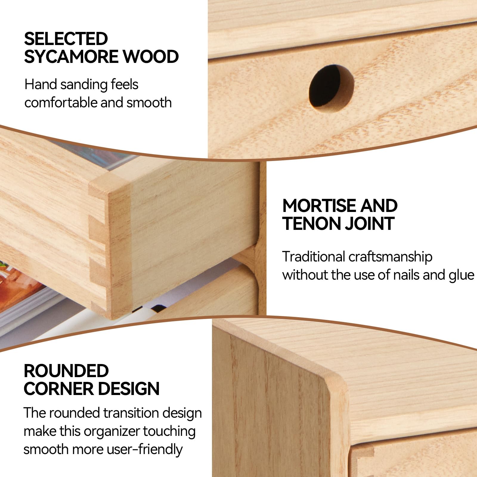 KIRIGEN Wooden Desk Organiser with 3 Drawers and Shelf, Natural