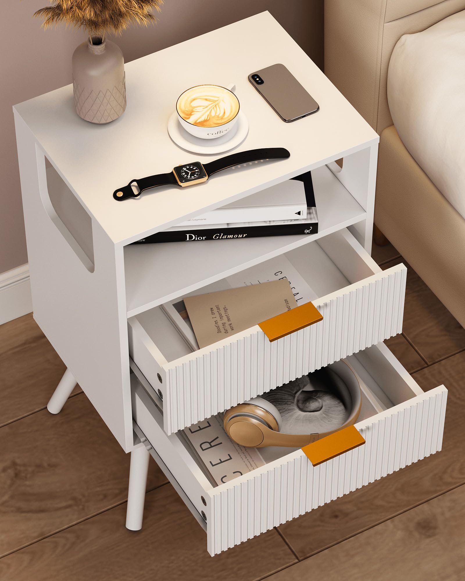 JERX Wooden Bedside Table, Nightstand with 2 Storage Drawer and Open Shelf Modern Bedside Cabinet for Bedroom,White