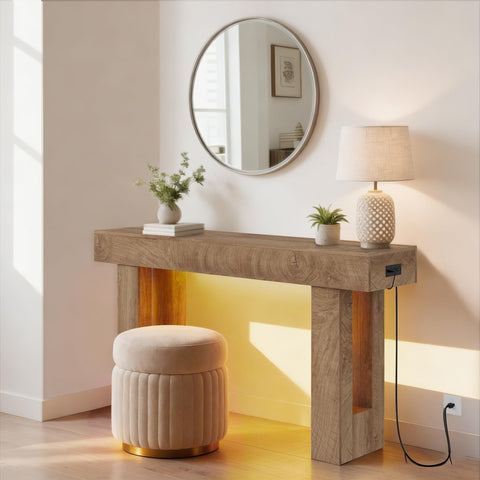 Crevyteg Farmhouse Console Table with Integrated Charging Station and Automatic Sensor Light