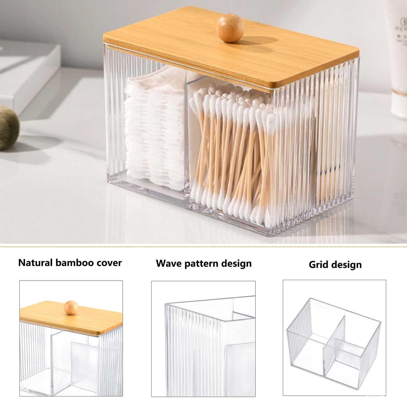 SVOCK Clear Acrylic Cotton Wool Holder 3 Compartment Cotton Bud Holder with Wood Lid, Qtips Holder Dispenser Bathroom Jars with Lid