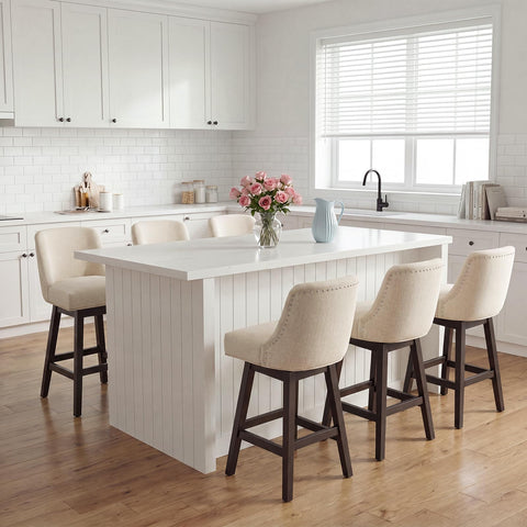 Bar Stools Set of 6, 360° Swivel Upholstered Counter Stools with Back, Wooden Frame Kitchen Bar Chairs with Nailhead Trim