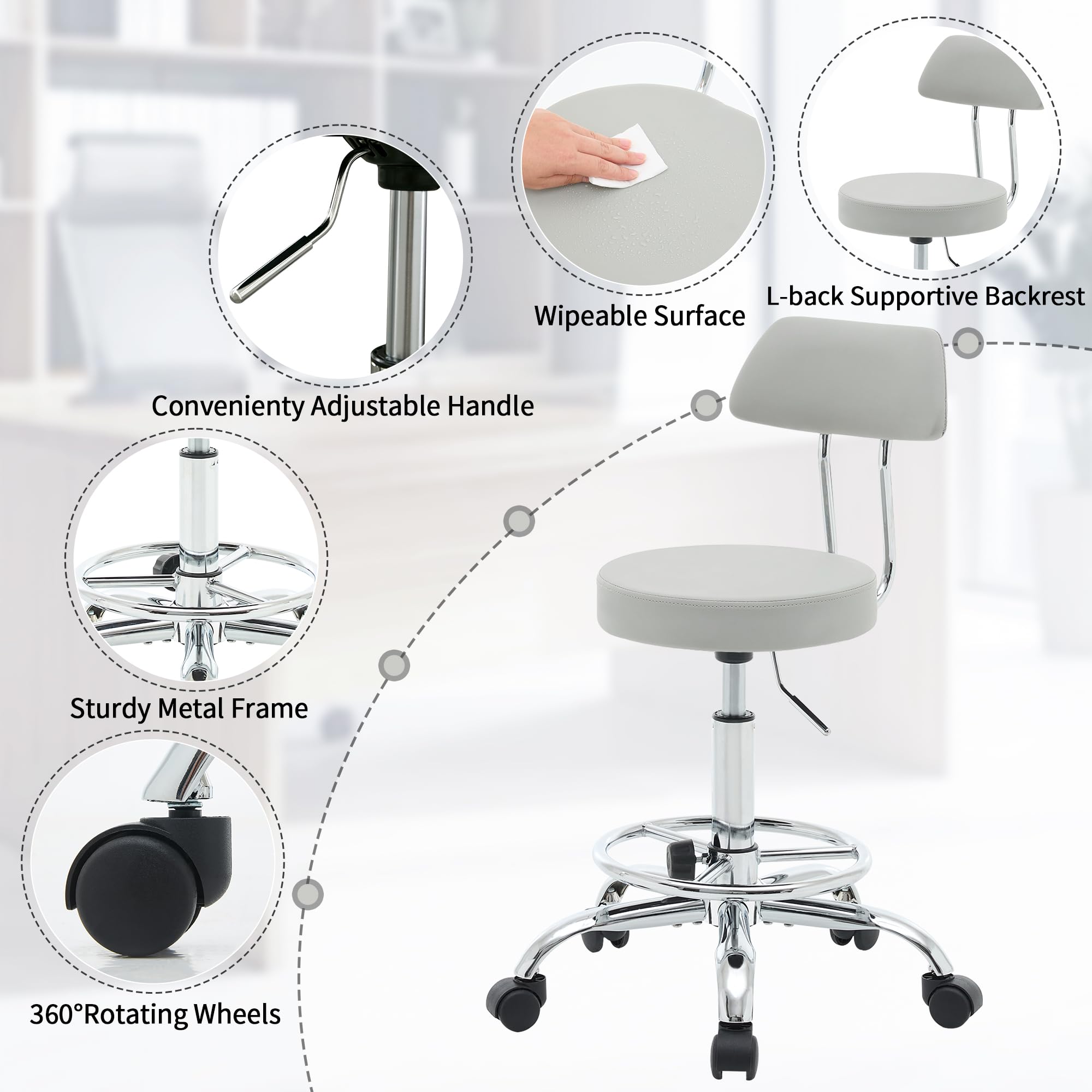 FIRAVOE Height Adjustable Drafting Office Chair with Backrest and Footrest, Swivel Drum Stool, Space-Saving Tattoo Chair 49.5–67.6 cm Height