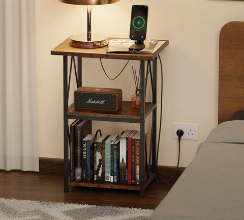HFHOME 2025 Upgraded Extended Tabletop Record Player Stand with Charging Station, 3 Tier End Table with Vinyl Record Storage