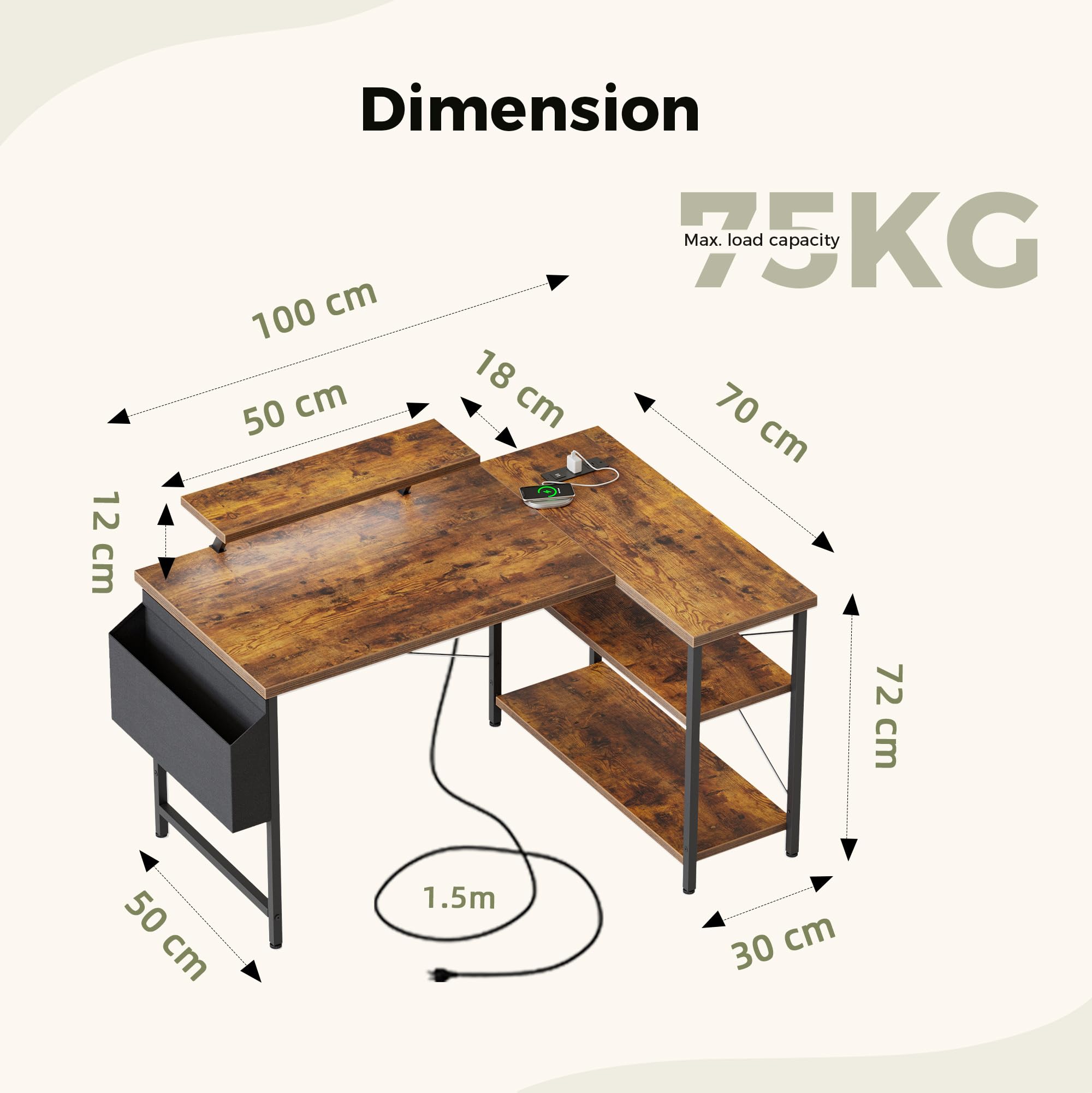 Mericonia Corner Desk, w. Monitorstand & Built-in Socket, 100x70cm, Brown
