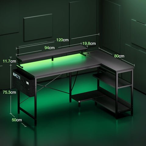 Coleshome L Shaped Gaming Desk with LED Lights & Power Outlet, 120x80 cm