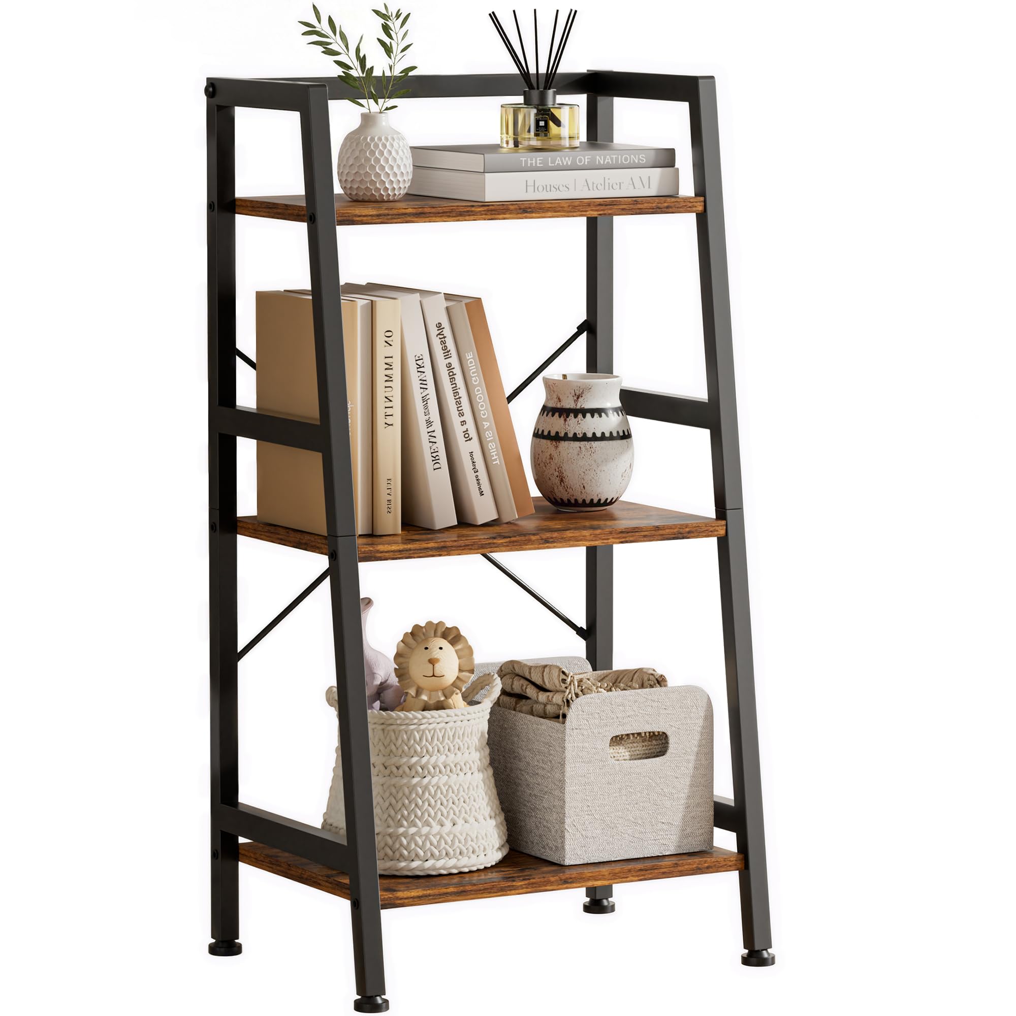 Vantimo 3-Tier Ladder Shelf, Industrial Storage Shelving Unit with Wooden Shelves & Metal Frame
