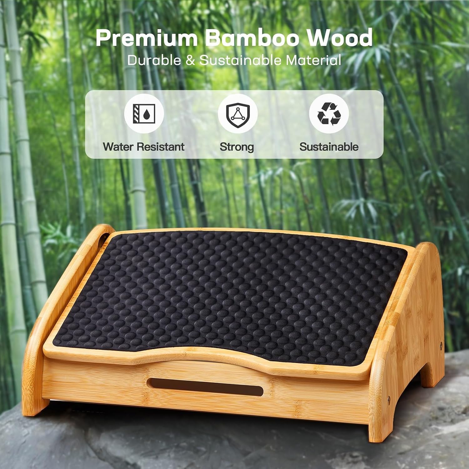 HUANUO Bamboo Under Desk Footrest, Ergonomic Foot Rest with 4 Height Options & Adjustable Angles, Pebble Massage Surface