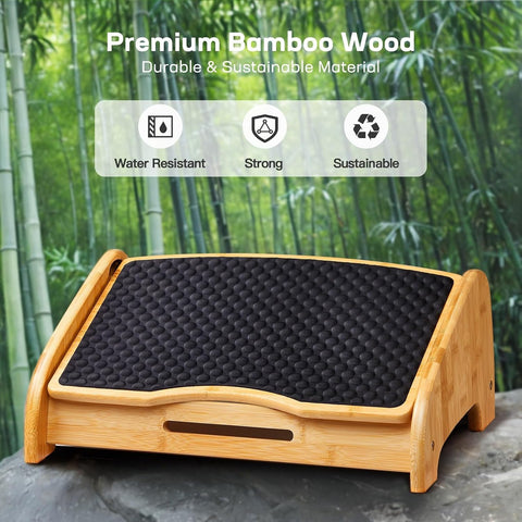 HUANUO Bamboo Under Desk Footrest, Ergonomic Foot Rest with 4 Height Options & Adjustable Angles, Pebble Massage Surface