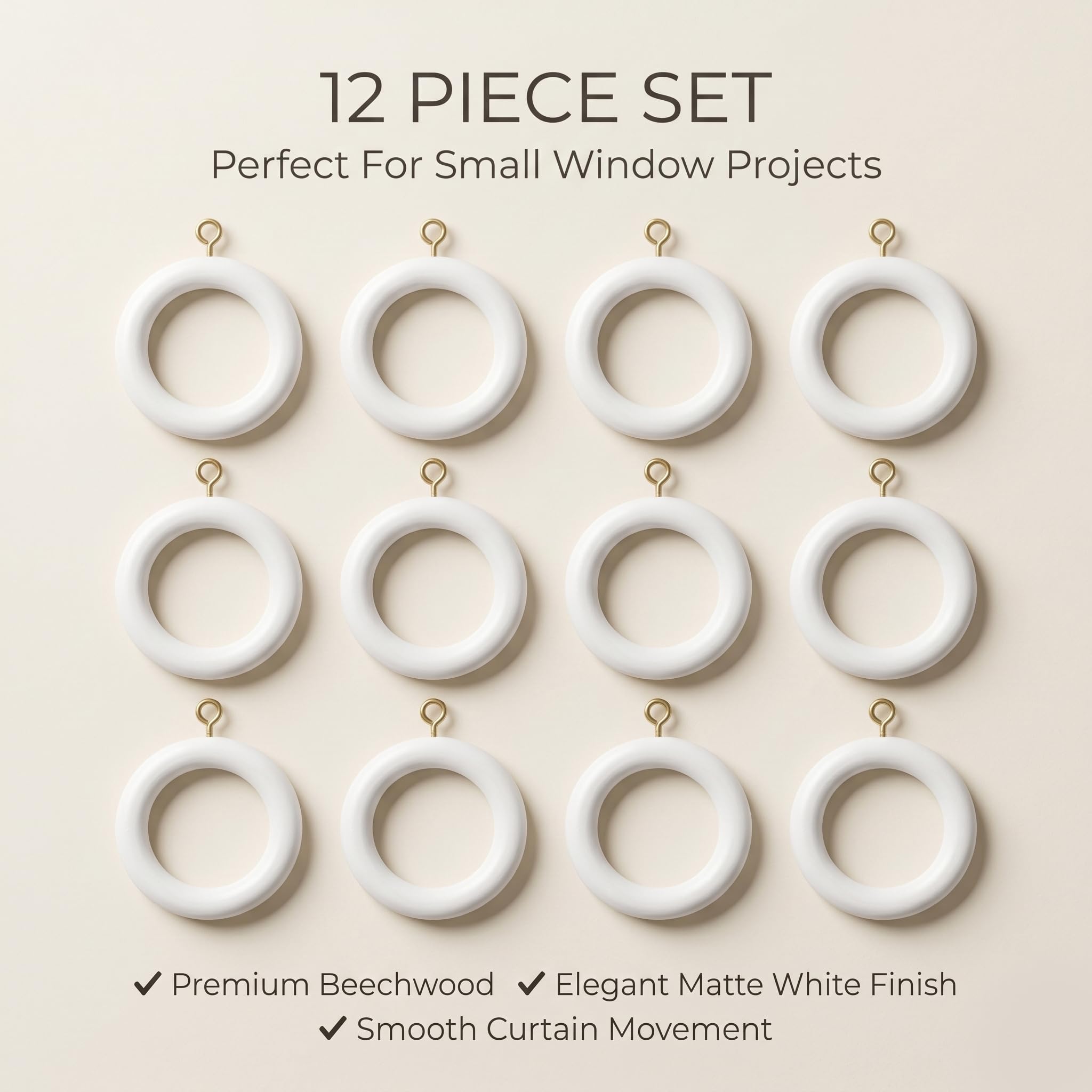 12 Pcs White Wooden Curtain Rings with Hooks | 2.5 Inch Outer Diameter, 1.75 Inch Inner Diameter | Fits 1 to 1.5 Inch Curtain Rods