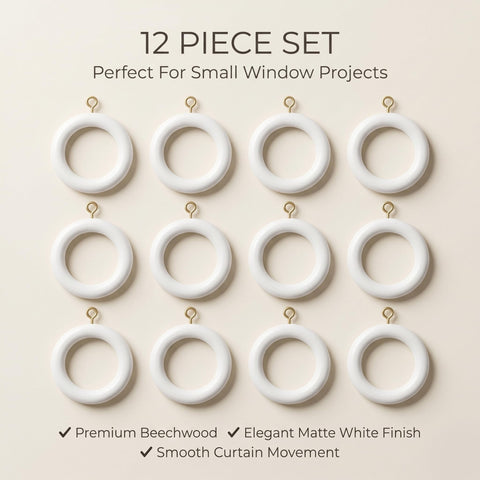 12 Pcs White Wooden Curtain Rings with Hooks | 2.5 Inch Outer Diameter, 1.75 Inch Inner Diameter | Fits 1 to 1.5 Inch Curtain Rods