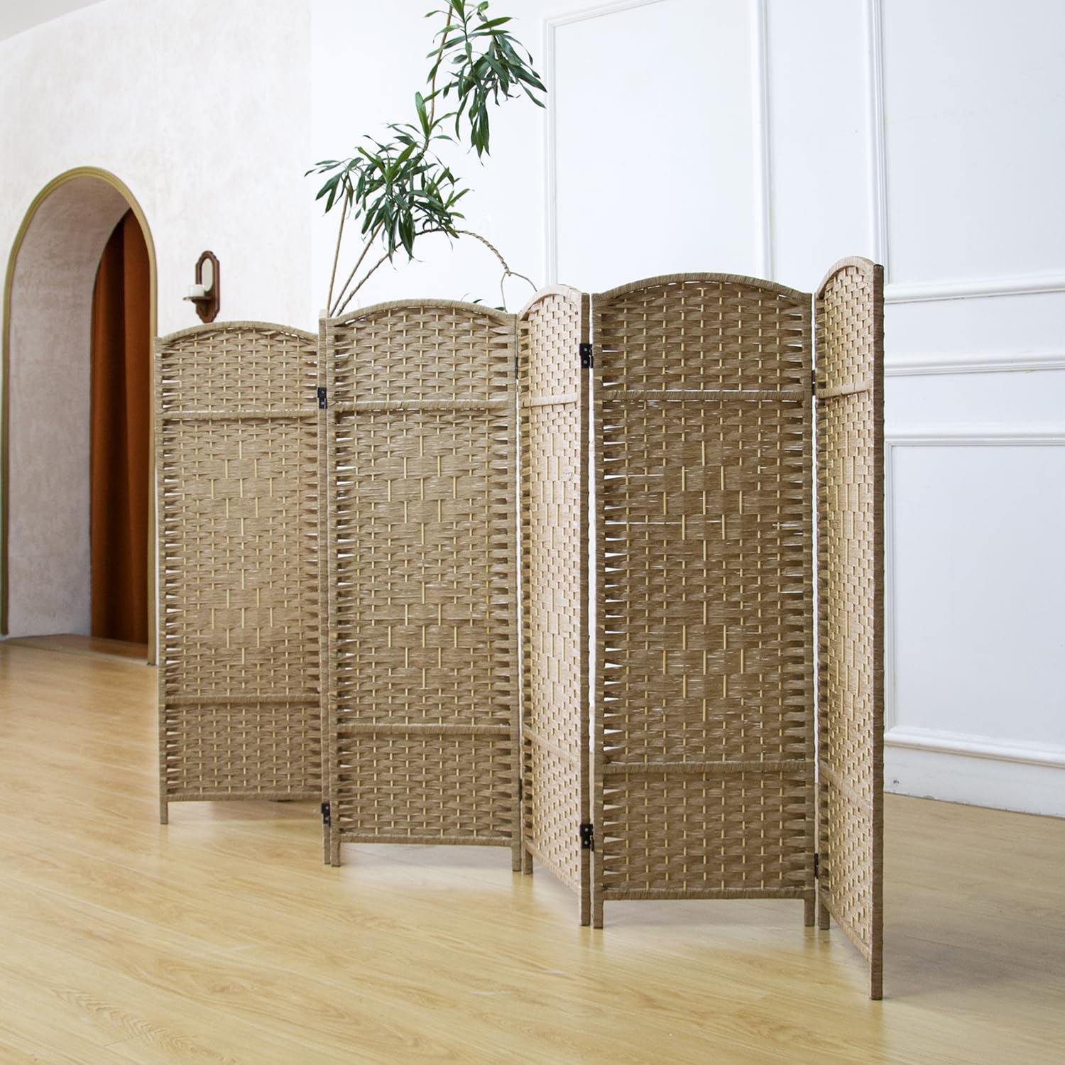 Furnnylane 6 Panel Light Brown Rattan Divider Short Room Partition Screen,Double Sided Short Folding Divider for Room Separation,120 cm Tall