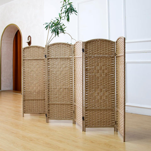 Furnnylane 6 Panel Light Brown Rattan Divider Short Room Partition Screen,Double Sided Short Folding Divider for Room Separation,120 cm Tall