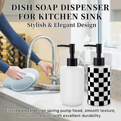 Soap Dispenser with Matte Black Pump, Ceramic Soap Dispenser Bathroom, Checkerboard Dish Soap Lotion Dispenser for Kitchen Sink