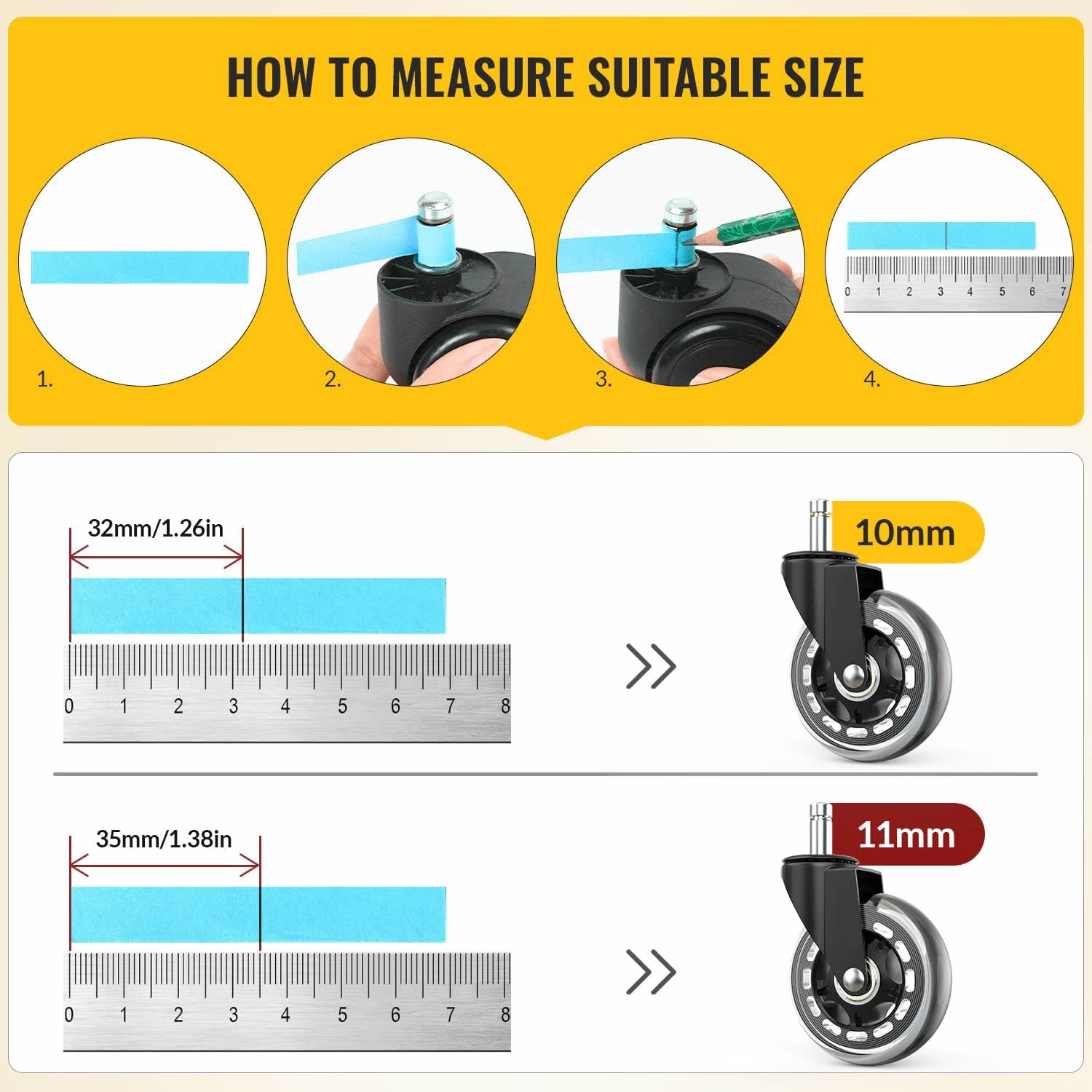 BEYEE Office Chair Wheels 2 Inch (Set of 5) Heavy-Duty Rubber Wheels for Carpet Floors and All Hardwood, Universal Fit (Black)