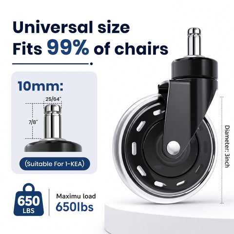 COSYLAND 1-KEA Office Chair Caster Wheels 10 x 22 mm, Rubber Castors, Very Quiet for Hard Floors, Pack of 5