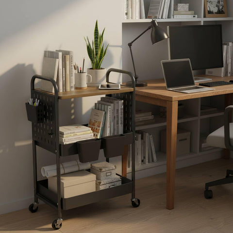 danpinera 3 Tier Rolling Cart, Metal Utility Cart with Wooden Table Top & DIY Pegboard, Rolling Carts