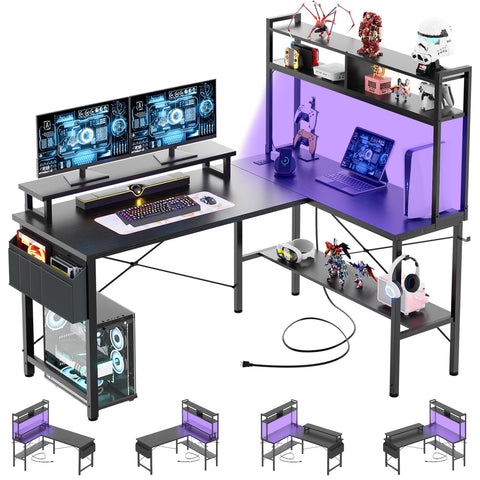 iSunirm L Shaped Gaming Desk with Power Outlets & LED Lights, Small L- Shaped Computer Corner Desk with Monitor Stand & Storage Shelf