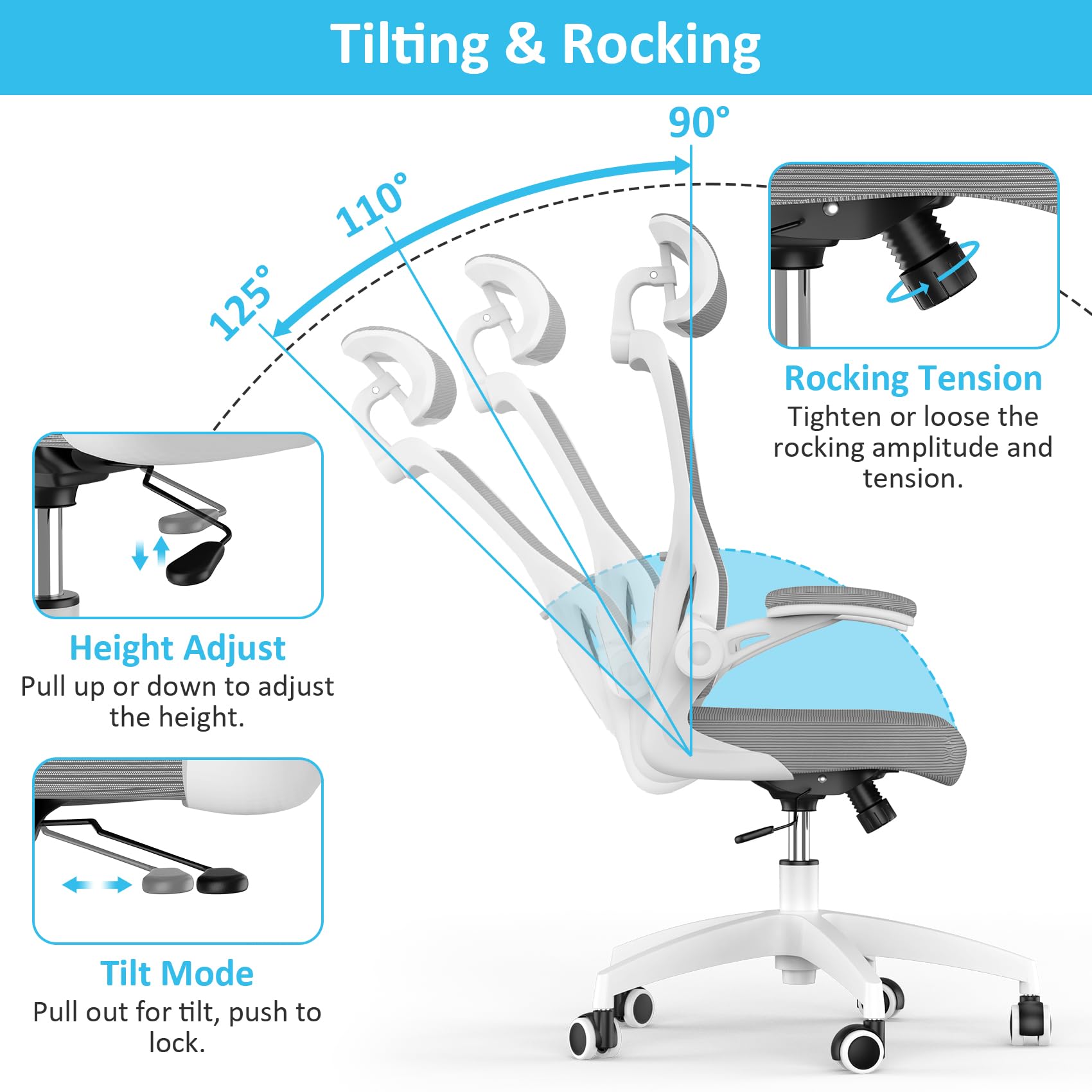 Feonase Ergonomic Office Chair with Adjustable Headrest and Lumbar Support, Mesh Back, Flip-up Armrests and Rocking Function