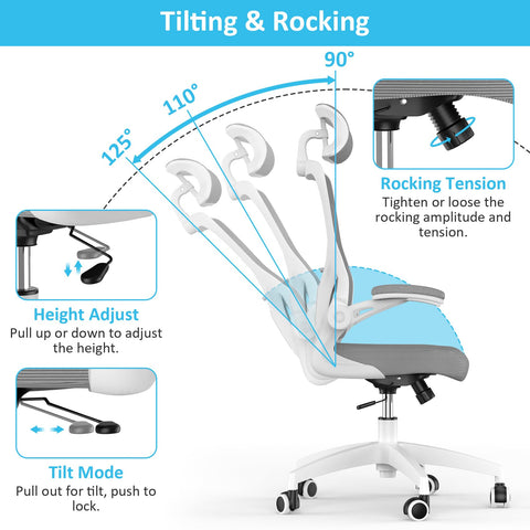 Feonase Ergonomic Office Chair with Adjustable Headrest and Lumbar Support, Mesh Back, Flip-up Armrests and Rocking Function