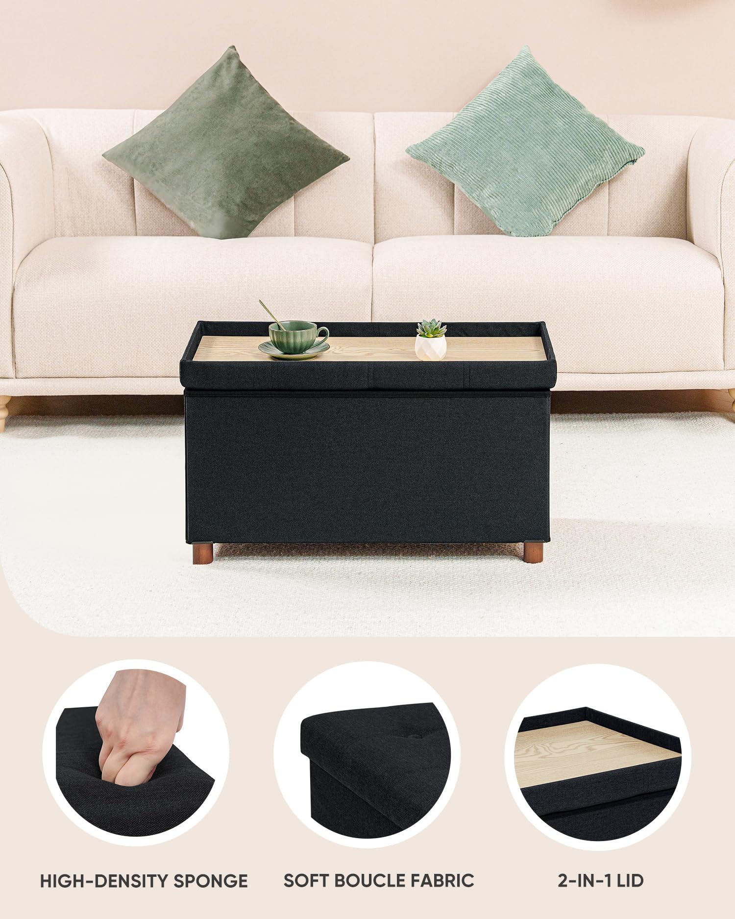 Bonlife Storage Ottoman with Tray, Foldable Bench with Wooden Legs
