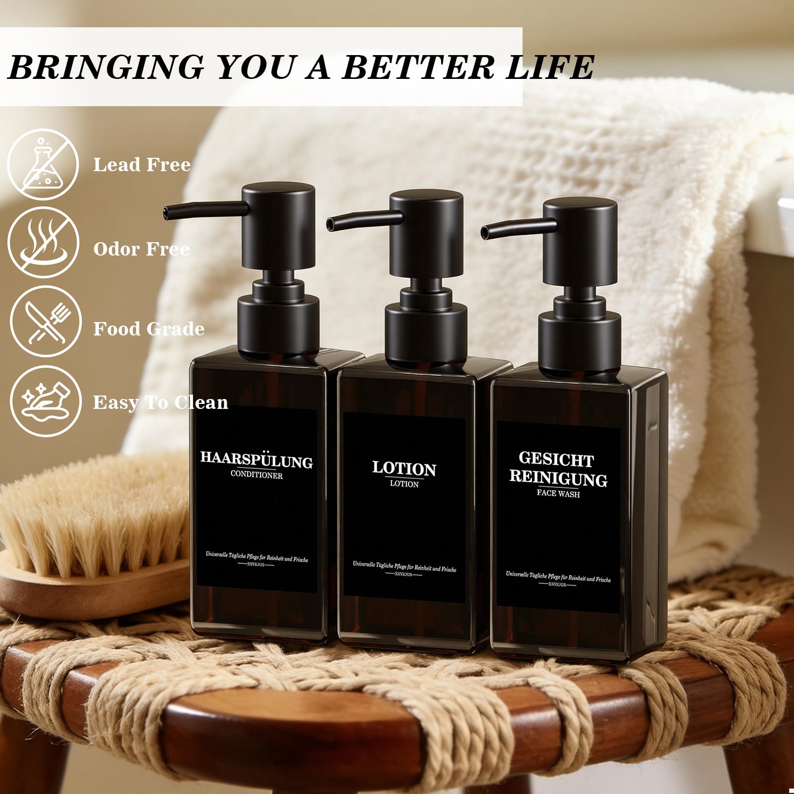 Set of 5 Reusable Shampoo Dispenser Bottles for Filling, 3 x 300 ml + 2 x 500 ml Brown Refill Bottles with Pump Dispenser