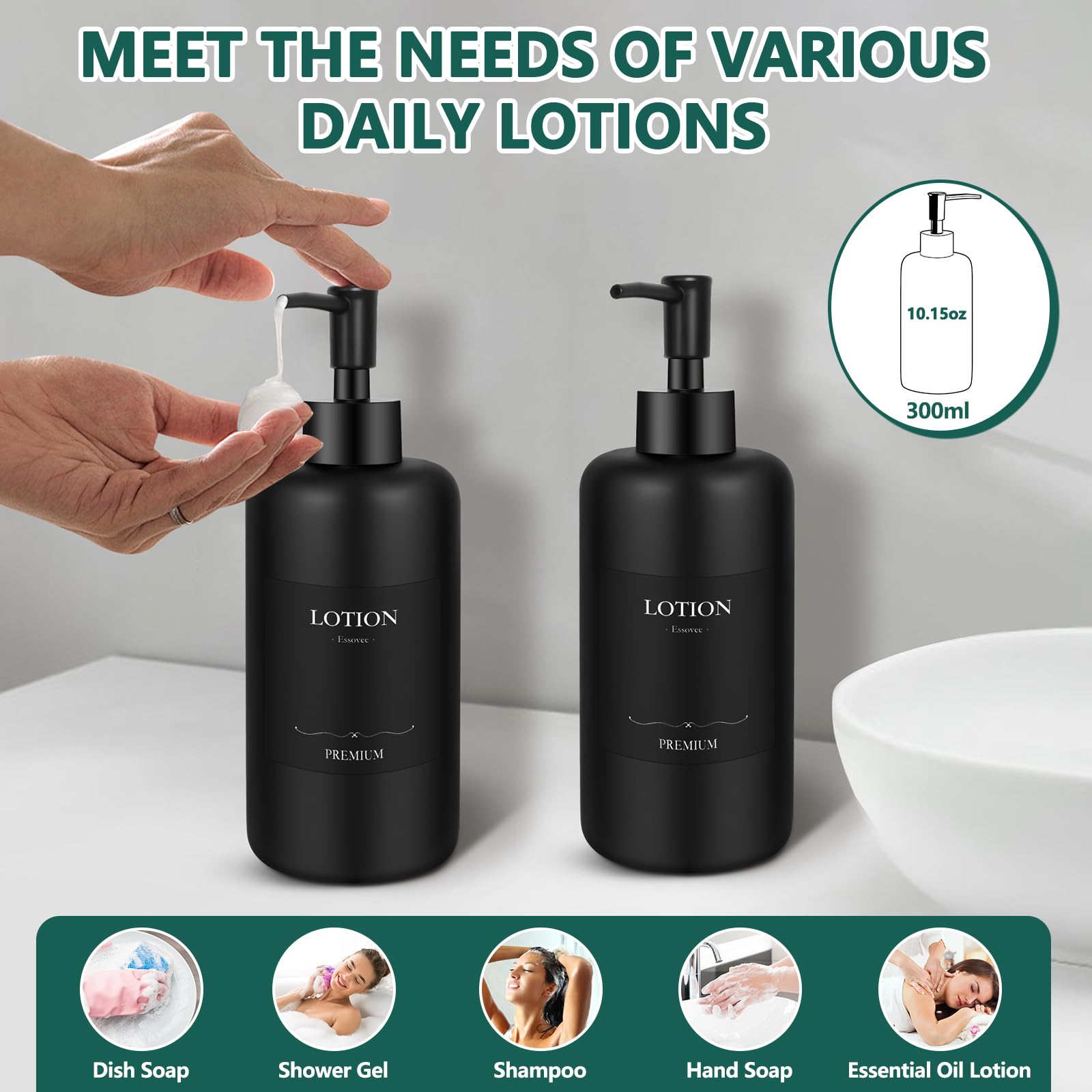 Essovee Matte Black Soap Dispenser Set with Waterproof Labels, Bathroom Soap Dispenser, Dishwashing Liquid Dispenser