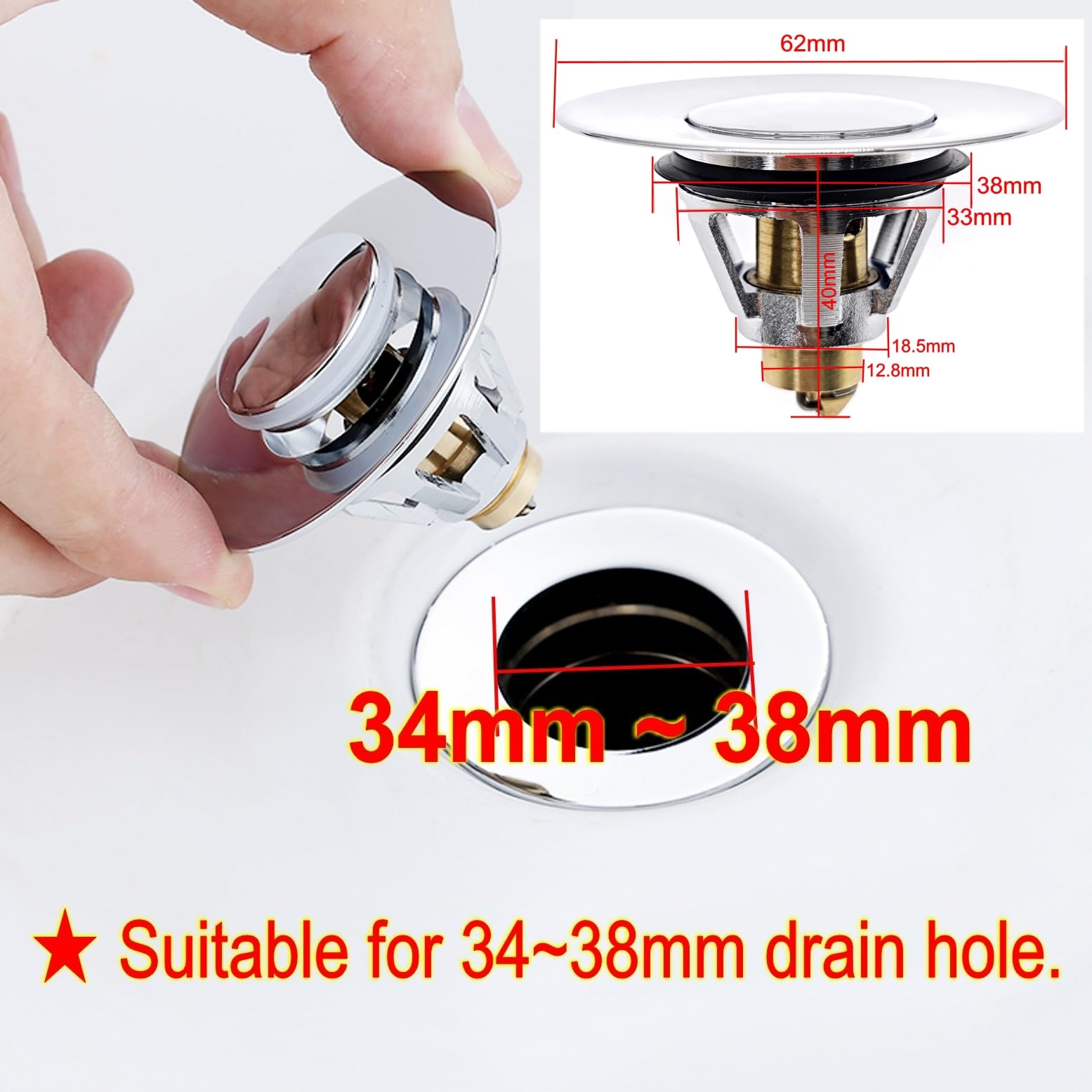 JZK Brass bathroom pop up sink plug replacement for 34-38mm drain hole, universal metal sink strainer stopper, click-clack basin waste plug basket
