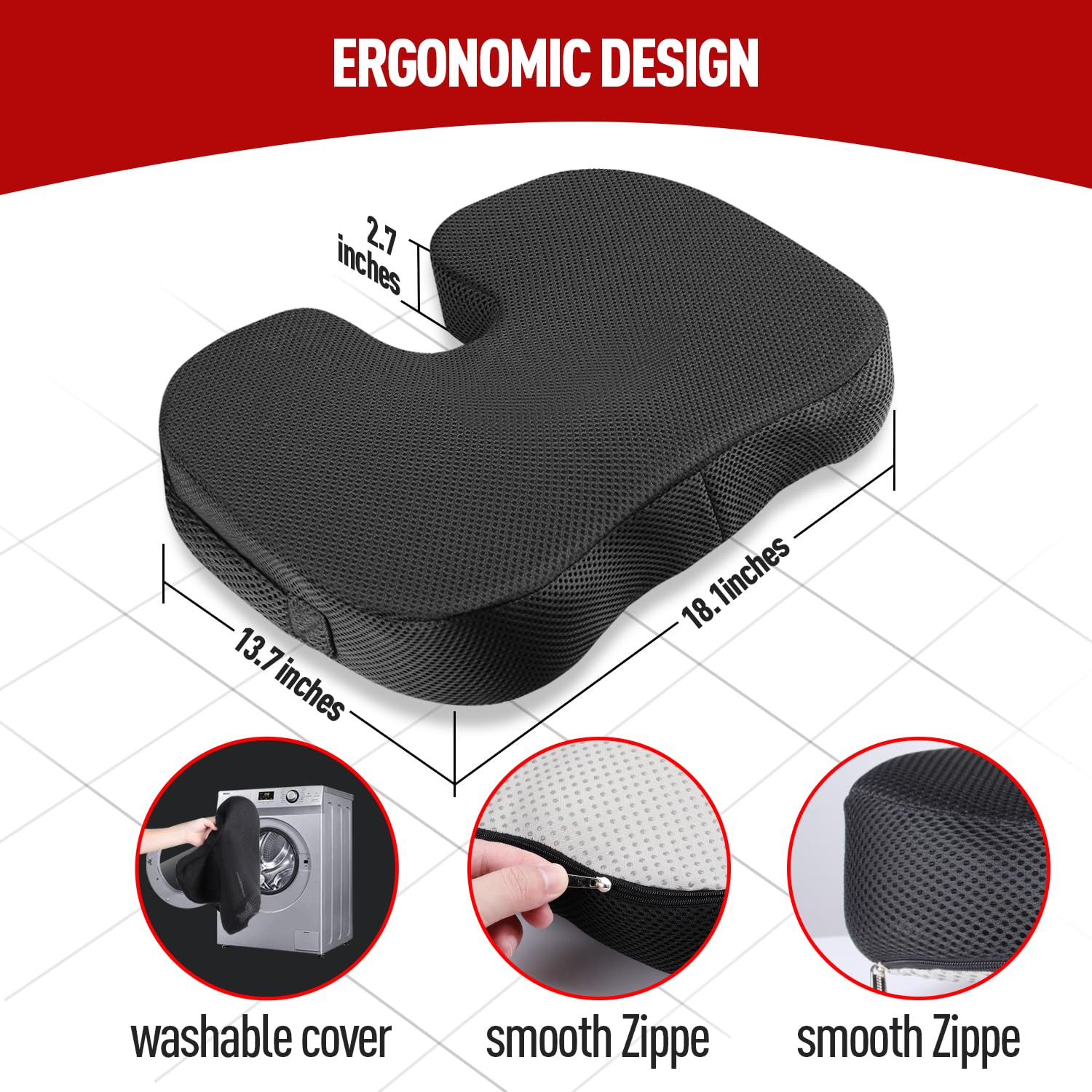 Memory Foam Seat Cushion, Ergonomic Coccyx Cushion for Car & Office Chair