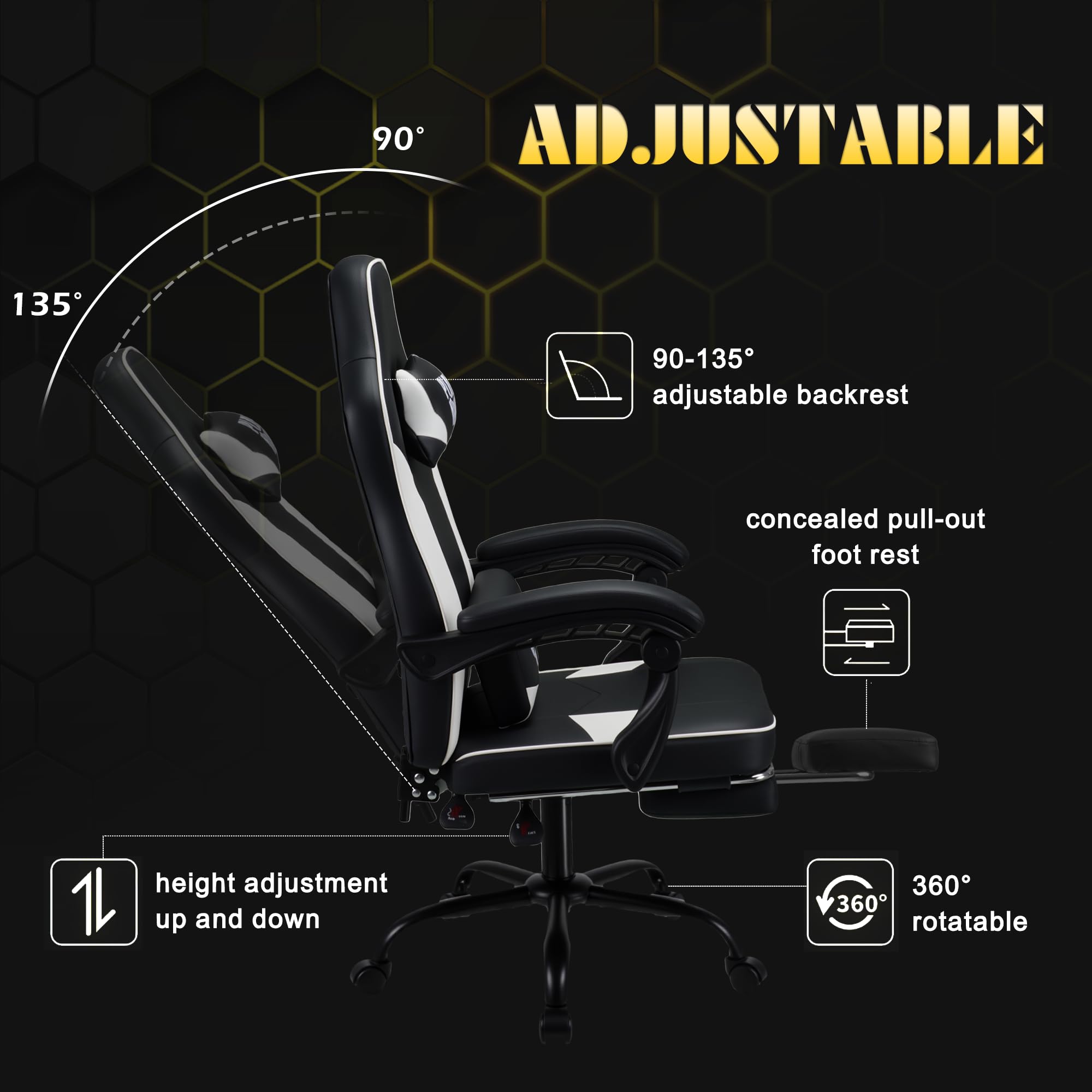 Play haha.Ergonomic Gaming Chair with Footrest, High Back Office Chair with Lumbar Support and Headrest