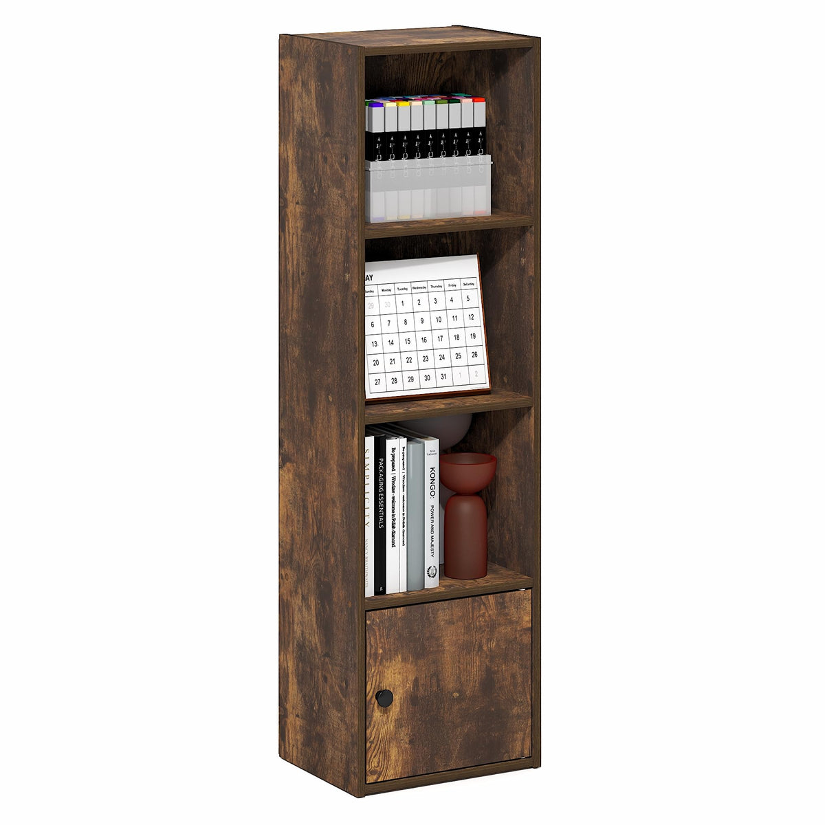 Furinno LUDER 4-Tier Bookshelf with Open Shelf, Standing Bookcase with 1 Door Cabinet, 23.6 x 30.5 x 106.2 cm, for Organization and Storage