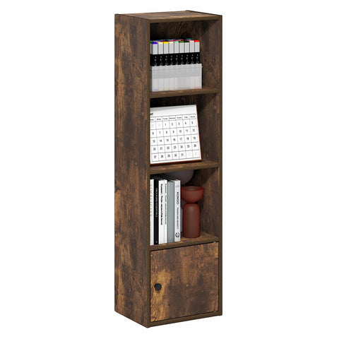 Furinno LUDER 4-Tier Bookshelf with Open Shelf, Standing Bookcase with 1 Door Cabinet, 23.6 x 30.5 x 106.2 cm, for Organization and Storage